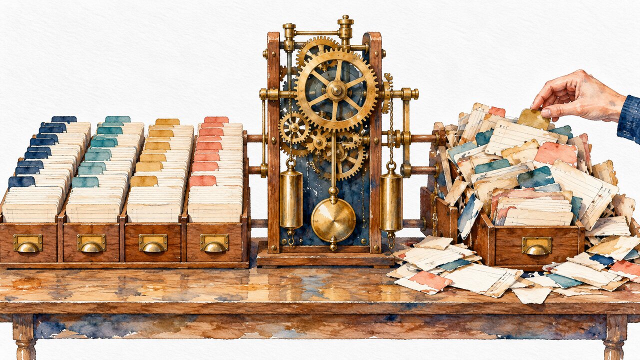 An antique clockwork filing cabinet that insists on sorting index cards from back to front.