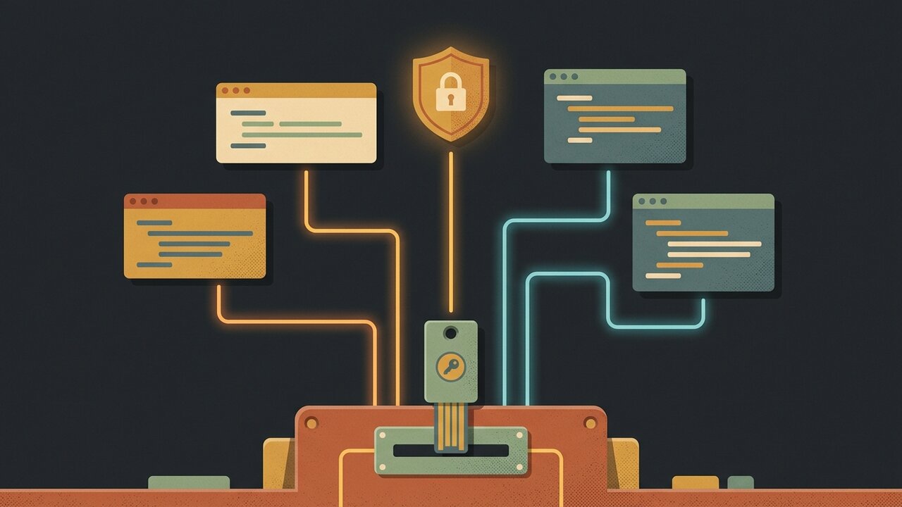 A tactile security console with an illuminated token key slot powering connected API cards.